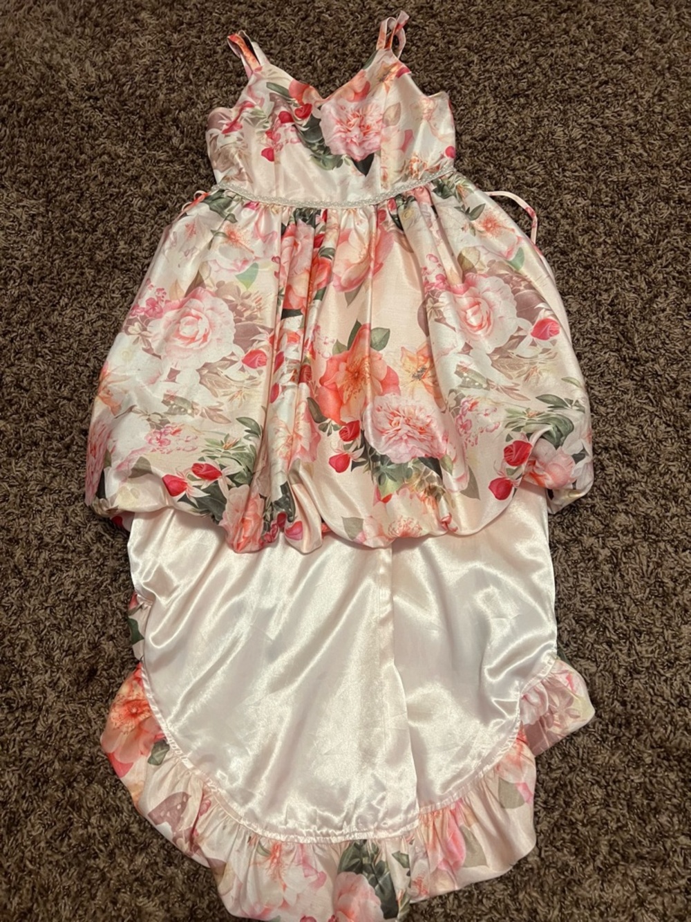Floral Bubble High-Low Satin Dress - Pink & Coral Roses